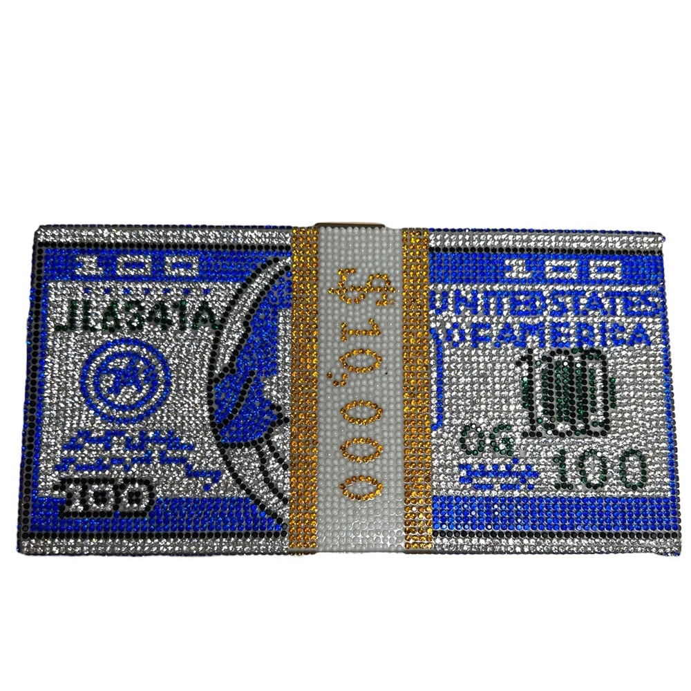 Money Dollar Bill Rhinestone Crystal Blue Clutch Purse